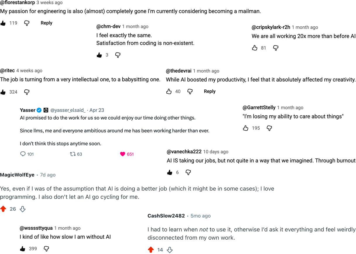 Opinions collected across the internet voicing concerns about exhaustion, working too hard, and the changes in work related to adoption of AI