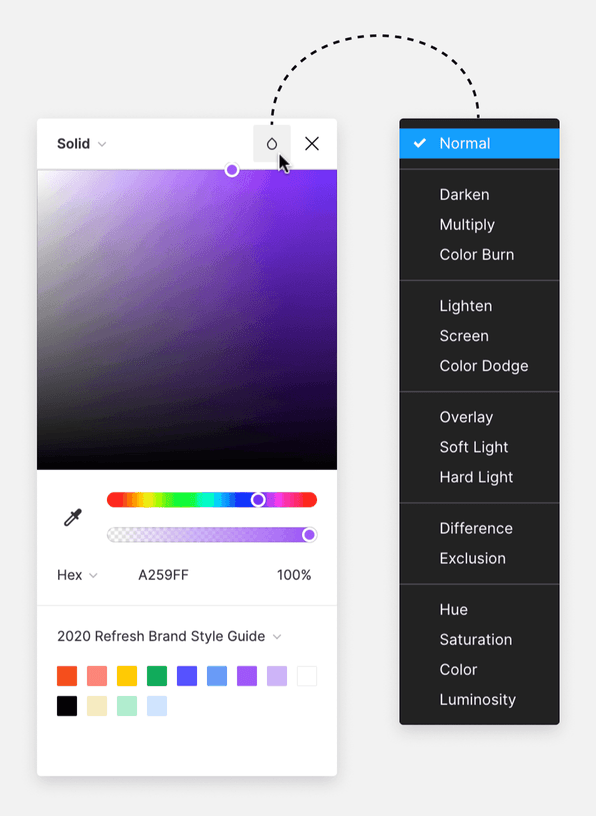 A mouse clicks the Blend mode icon on the fill color picker. A dropdown menu shows all blend mode options.