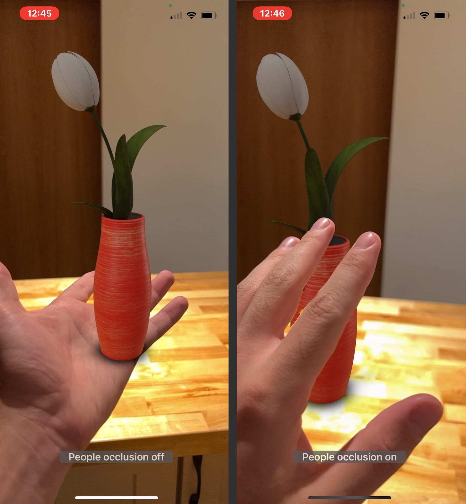 A side-by-side comparison shows the difference in apperance when people occlusion is turned on or off. Without it, the plant and hand do not realistically display