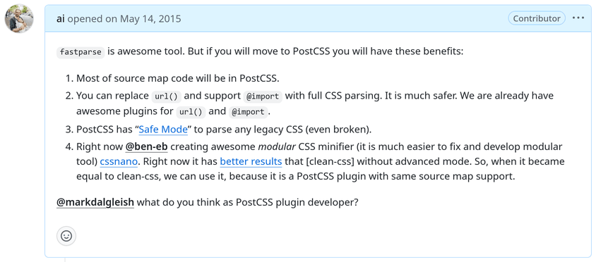 A GitHub issue where I asked the Webpack team to use PostCSS in css-loader