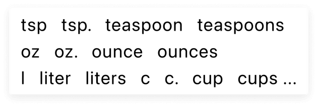 A collection of various measurement notions used in recipes