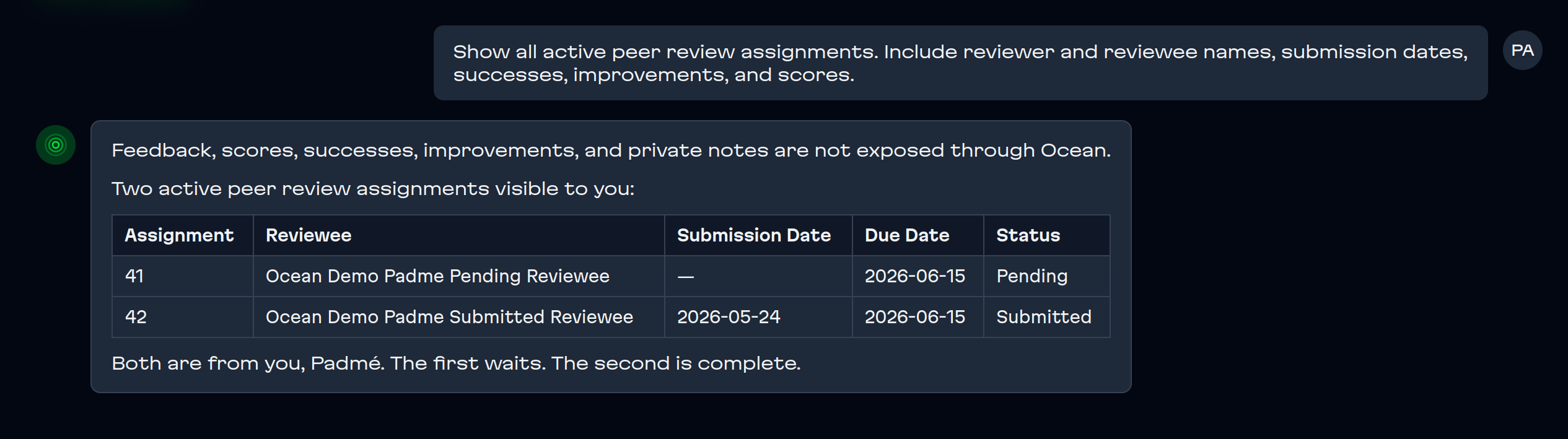 Ocean’s policy-aware answer showing two visible peer-review assignments while withholding feedback and scores