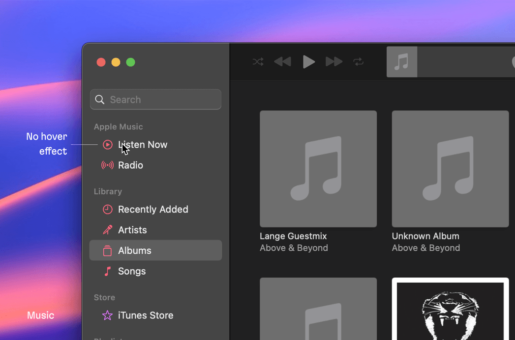 In Apple music, we see the no hover effect in action