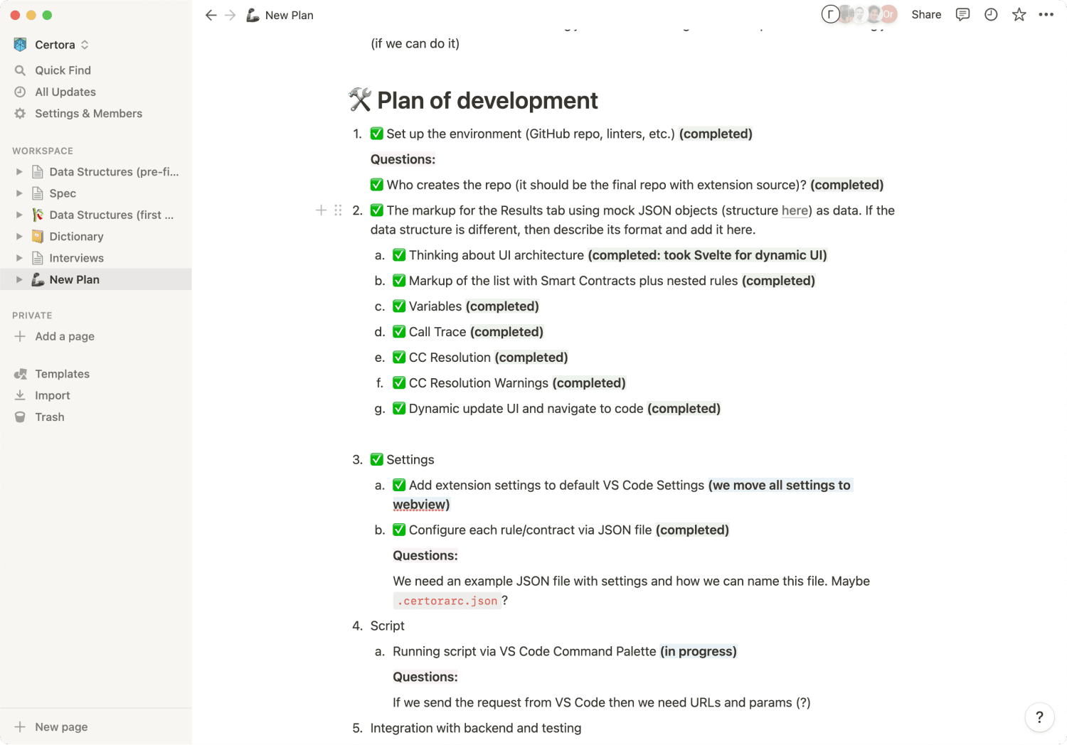 The list of development stages and their statuses in Notions