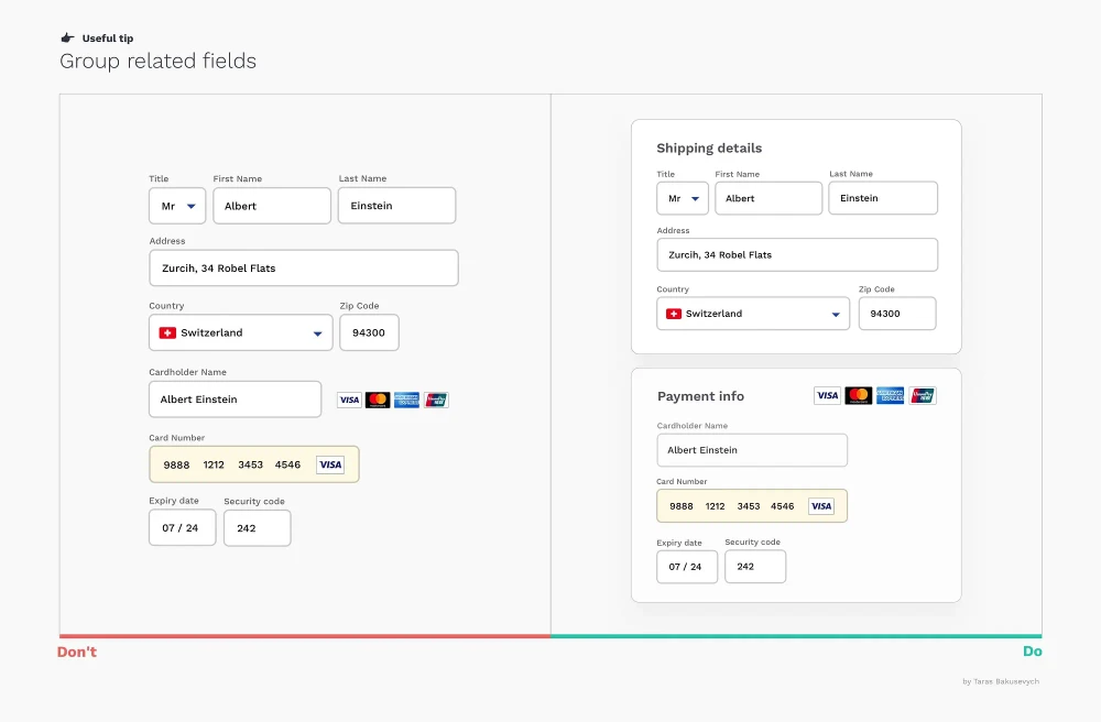 Comparison of ungrouped fields vs grouped fields showing better UX with grouped fields design