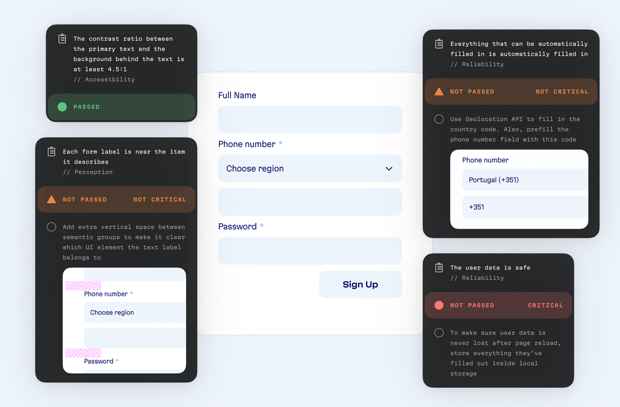 An example UI Audit for a phone input. The phone input is in the center, and 4 windows surround it. Each window is either, passed, not passed and not critical, or not passed and critical. Each window shows exactly the issue and explains the solution.