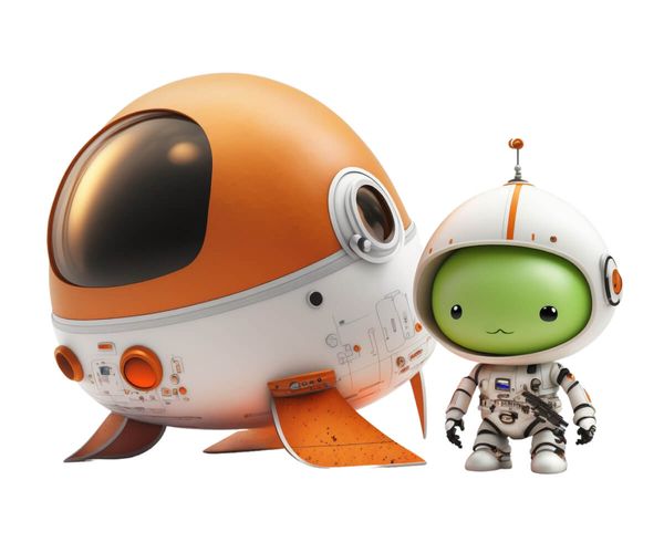 4 sketches of a spaceship and a tiny astronaut in solid 3d style
