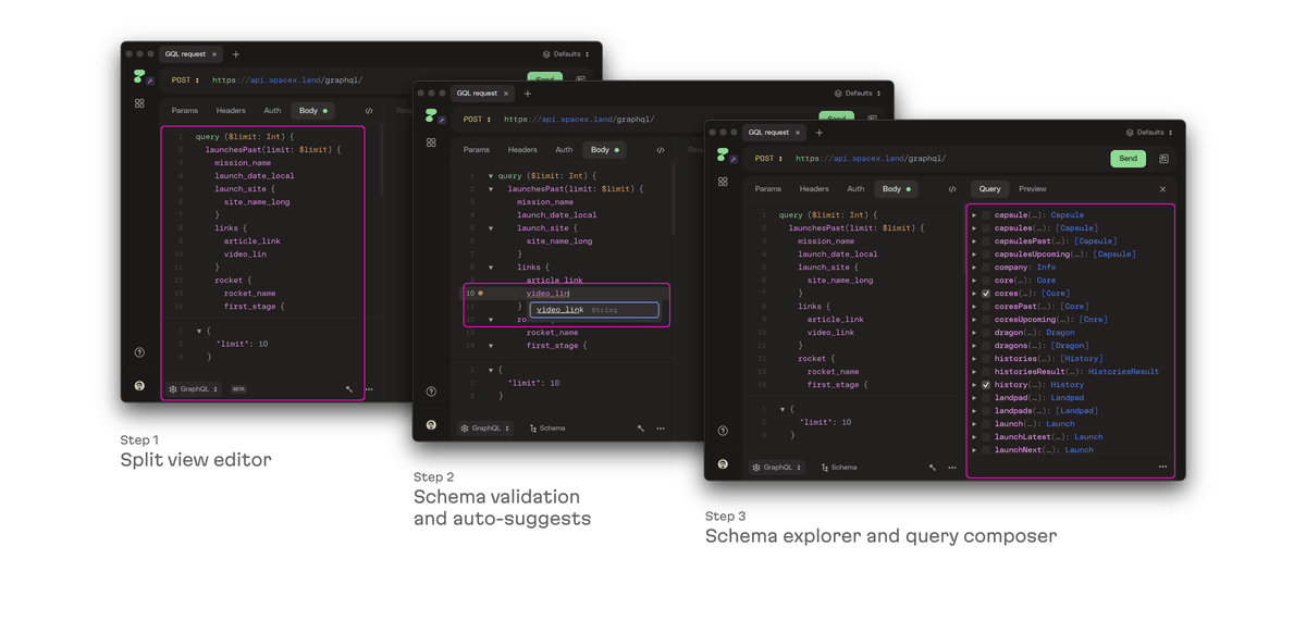 Three interface windows across three steps highlight interface elements of a UI with GQL Requests. On the left window, the 'split-view editor' is highlighted. On the middle window, 'Schema validation and auto-suggests' are highlighted. On the right window, 'Schema explorer and query composer' is highlighted.