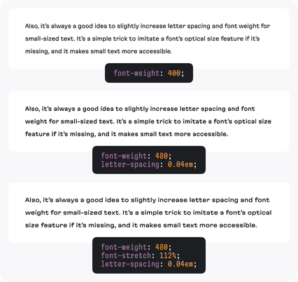 A comparison shows how letter spacing and font weight can affect readability with smaller font sizes