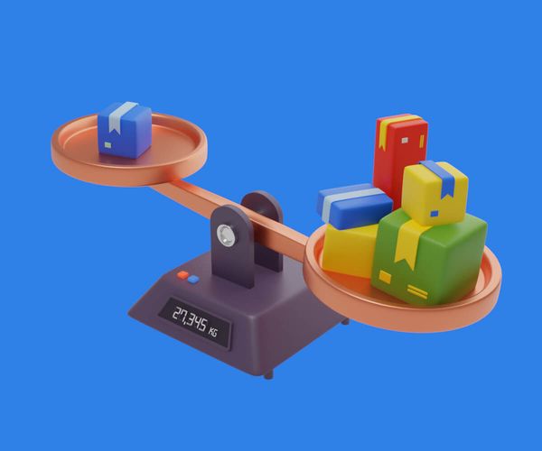 Scales of balance a few goods on one side and many of them on the other