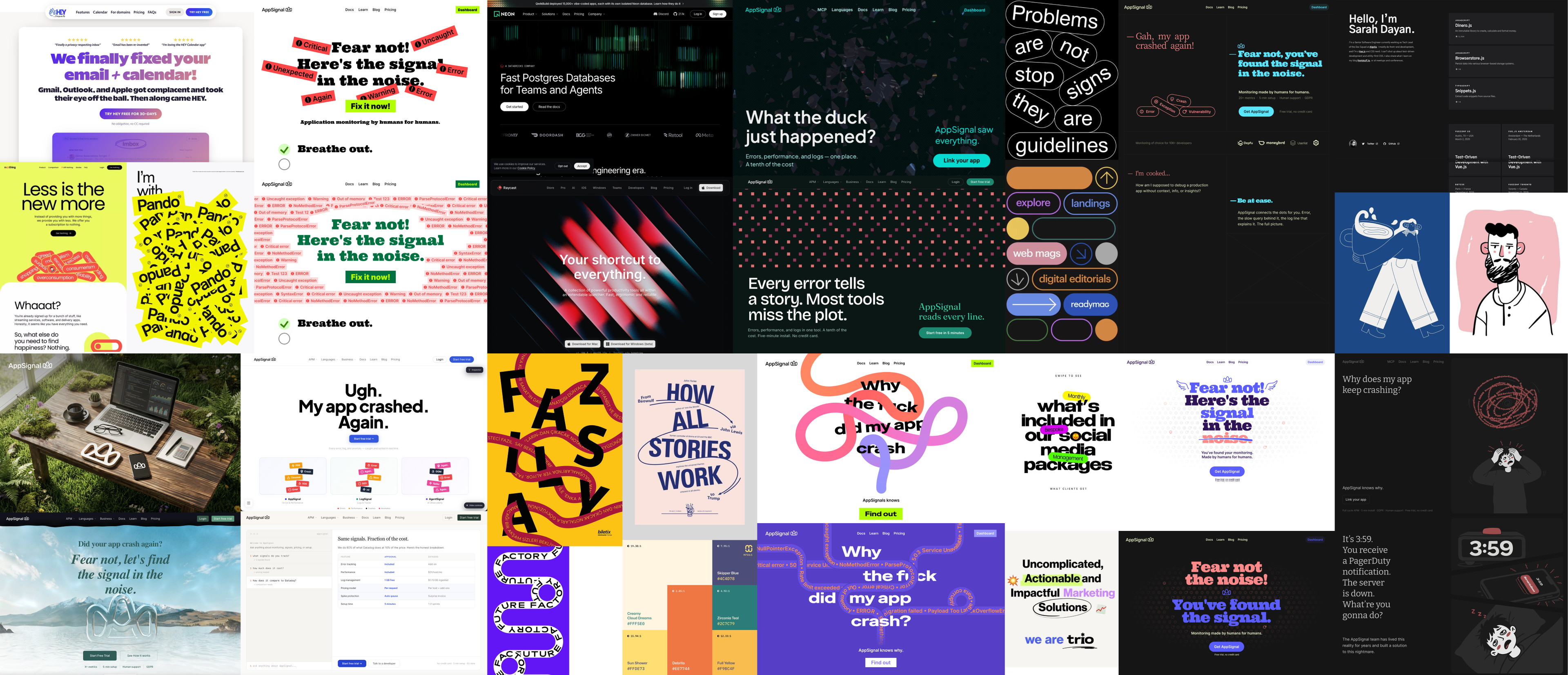 A long-form AppSignal homepage layout showing the scroll narrative and product messaging