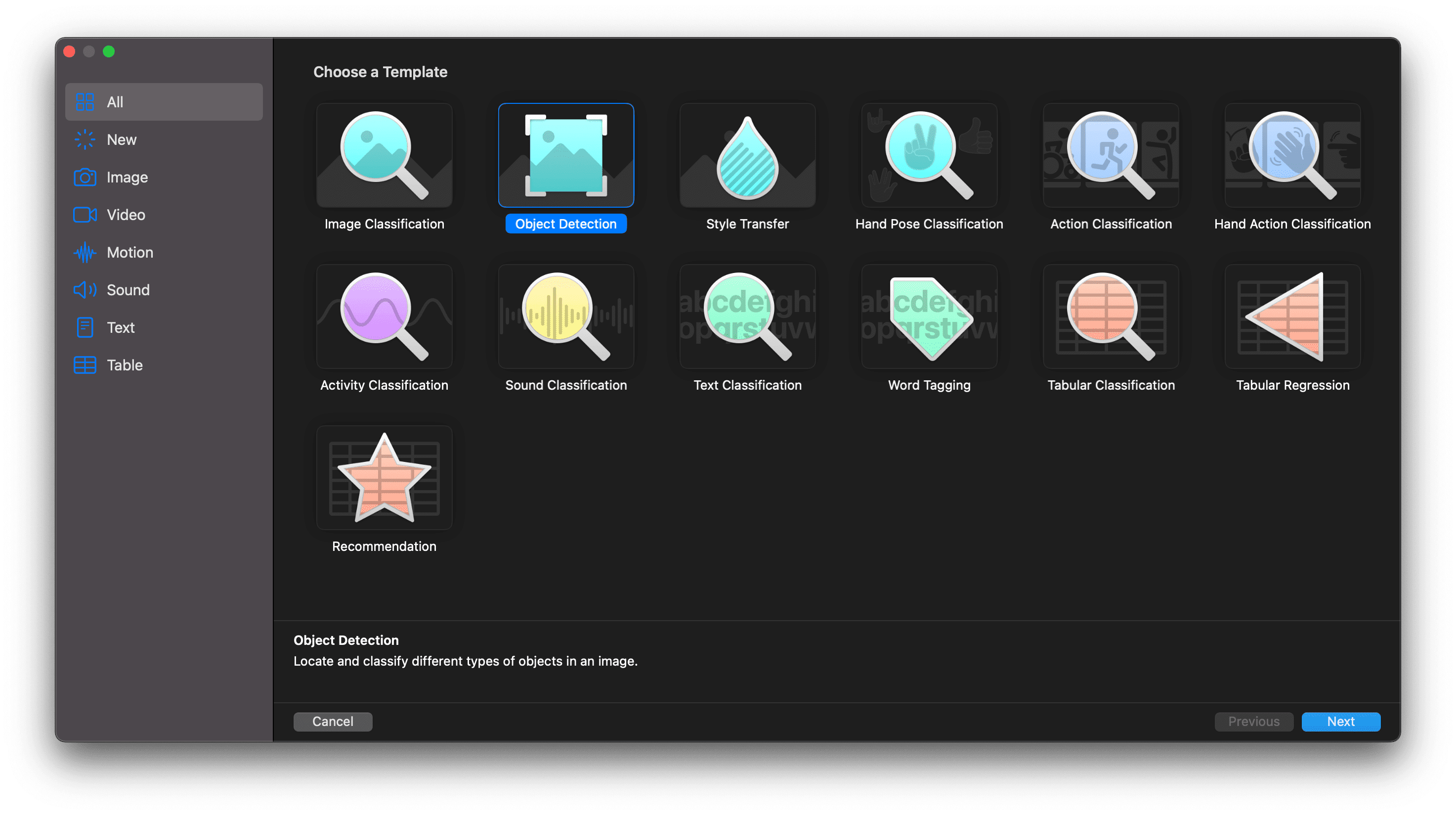 The Create ML menu allows us to choose several templates for our models