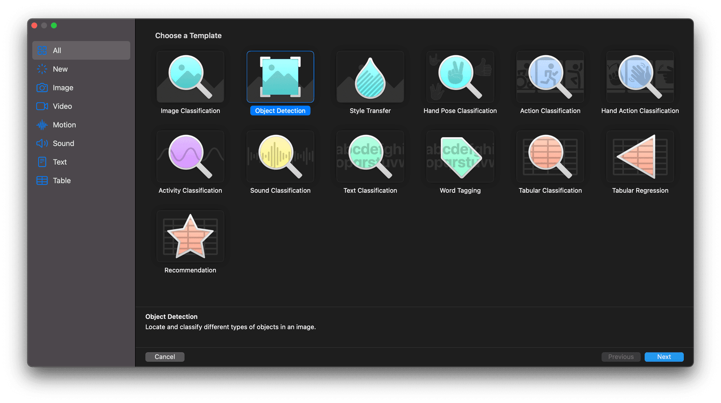 The Create ML menu allows us to choose several templates for our models