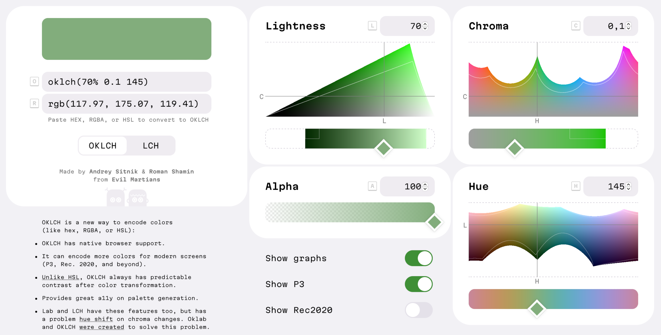 The OKLCH color picker by Evil Martians shows the OKLCH space and lightness, chroma, alpha, and hue sliders.