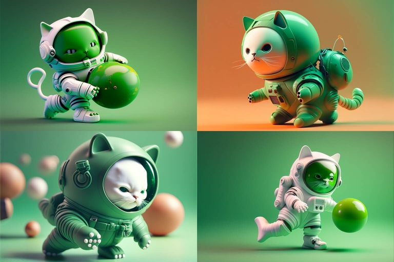 Four sketches of shabby cat in a spacesuit playing with a ball generated by AI and looking plastic but missing body parts