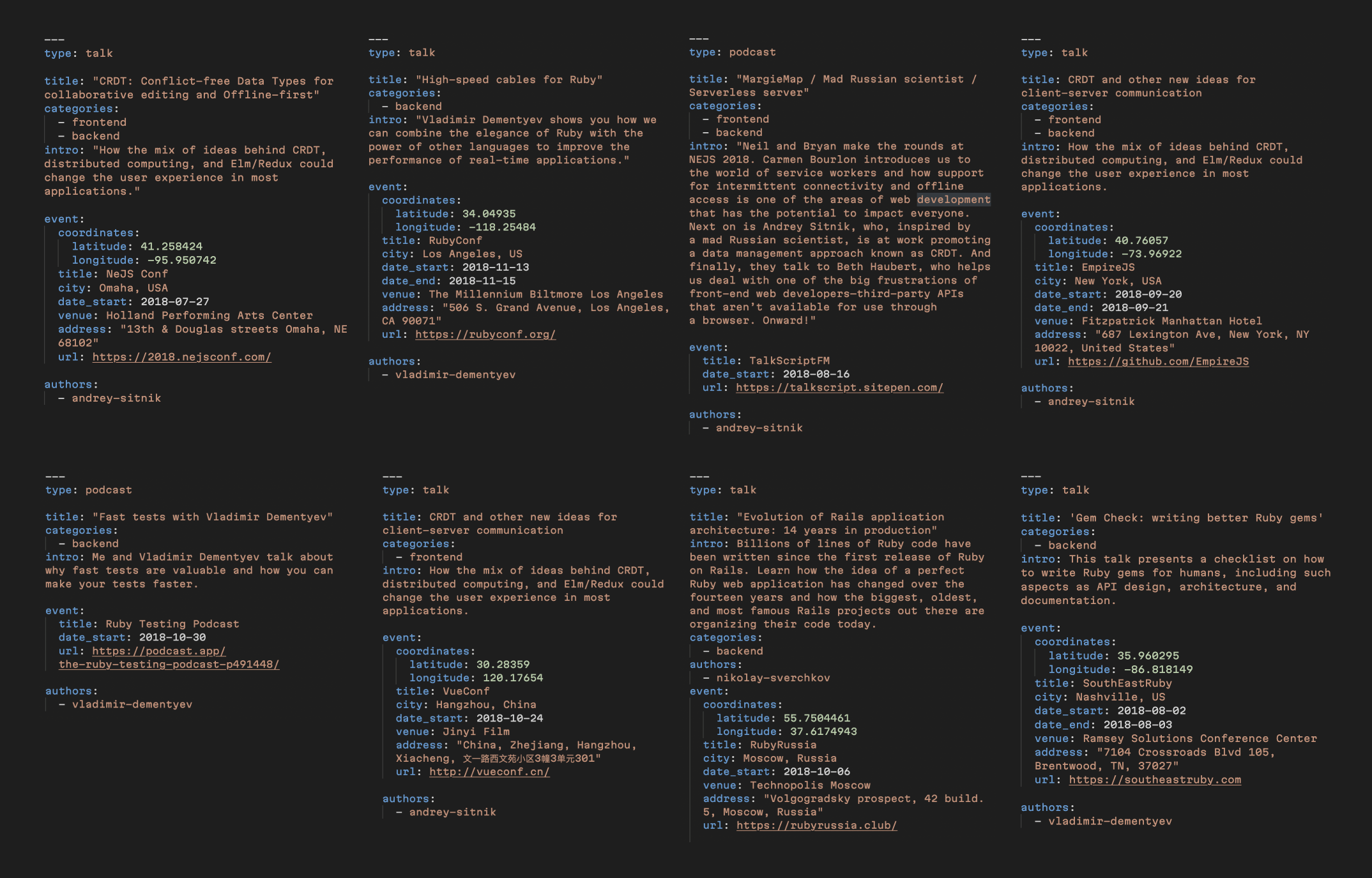 A markdown file displays data collected about 10 events as a collection of keys and values