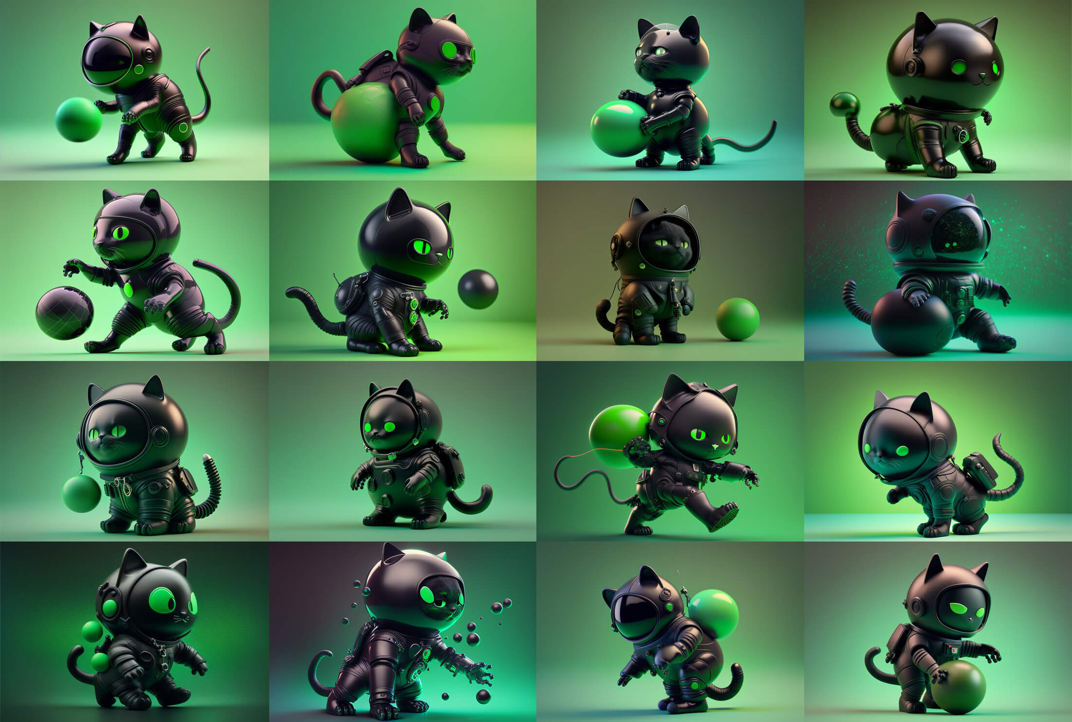 Multiple sketches of black cat in a spacesuit playing with a ball, looking better than previous ones