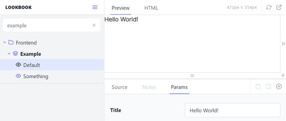 The params tab in Lookbook has 'Hello World!' as the 'title' parameter, and this is correctly reflected in the preview tab