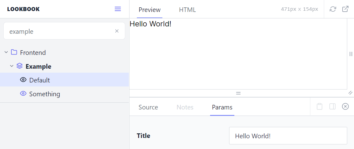 The params tab in Lookbook has 'Hello World!' as the 'title' parameter, and this is correctly reflected in the preview tab