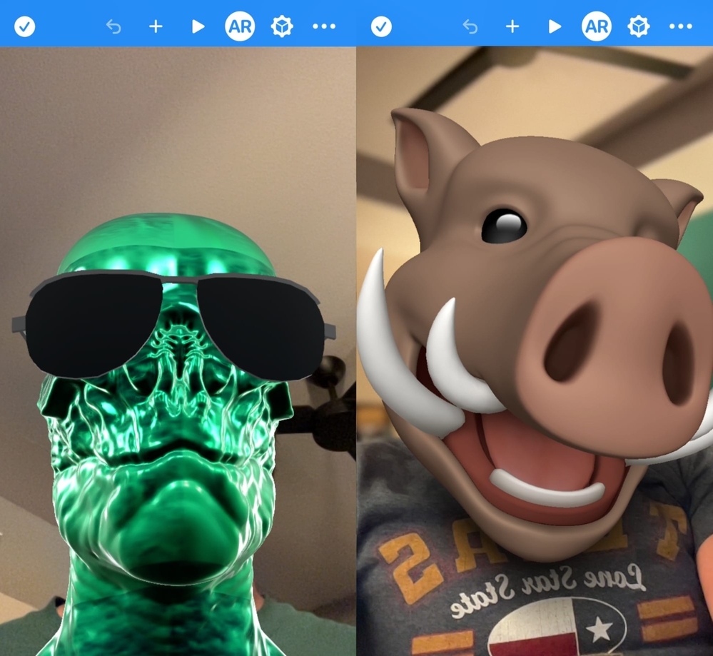 Two example face masks, a reptoid and a warthog, are used to morph a user's face