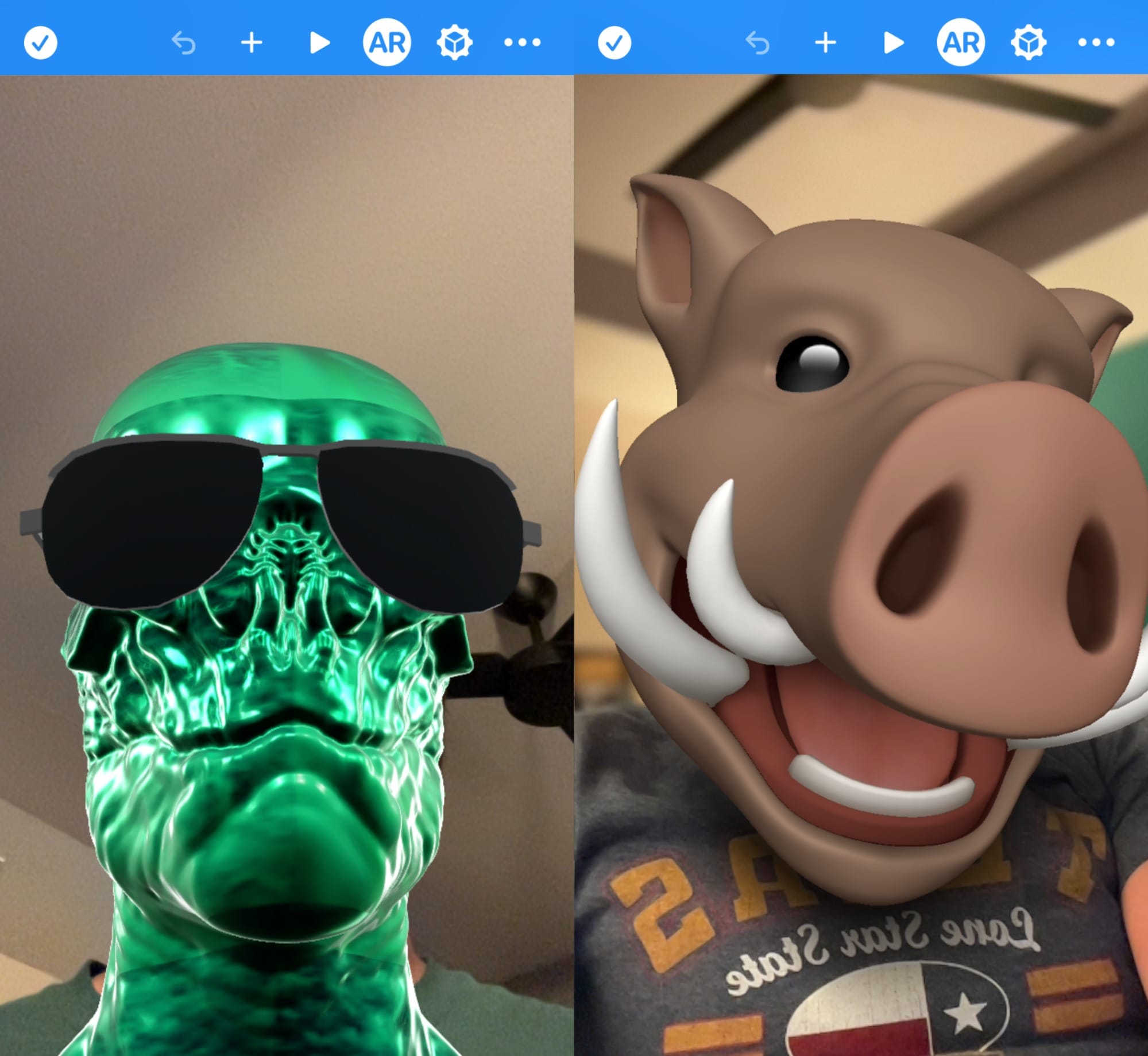 Two example face masks, a reptoid and a warthog, are used to morph a user's face