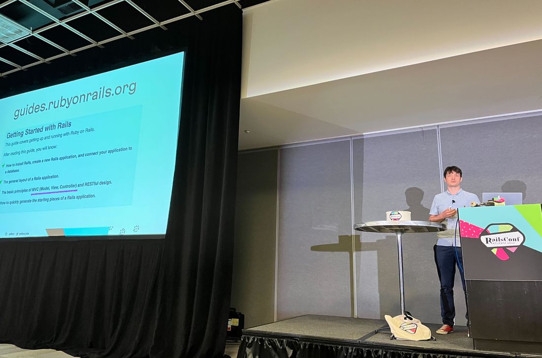 Vladimir speaking at RailsConf 2023