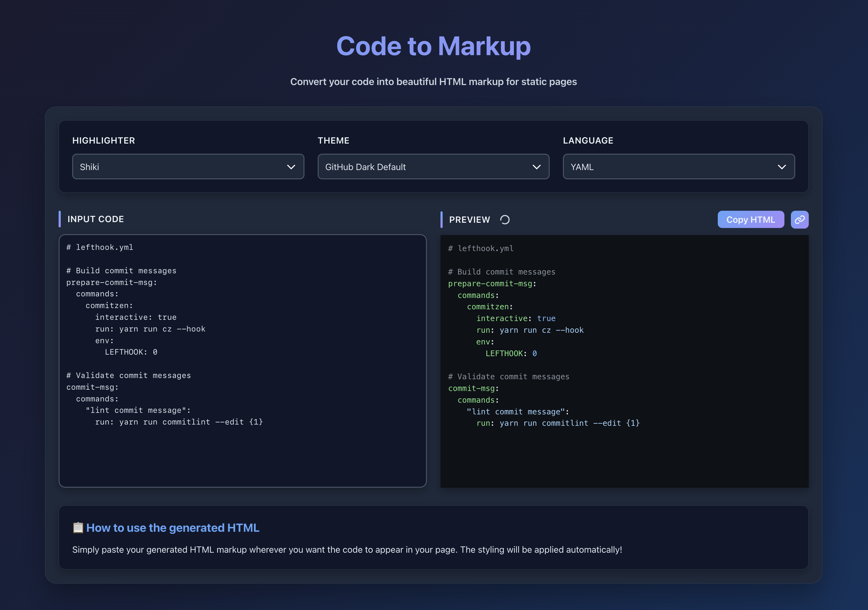 Convert your code snippets into beautiful HTML markup for your static websites
