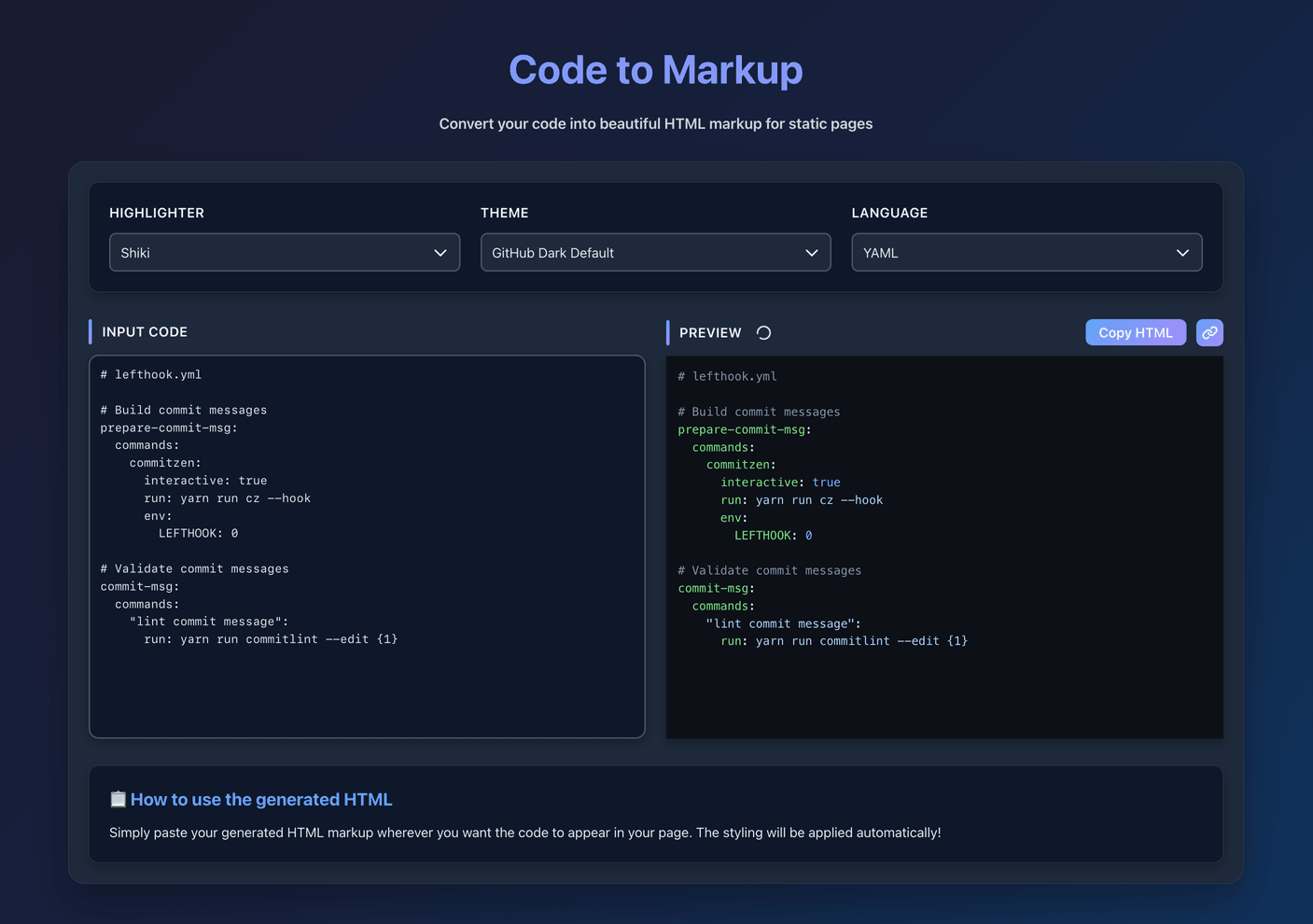 Convert your code snippets into beautiful HTML markup for your static websites