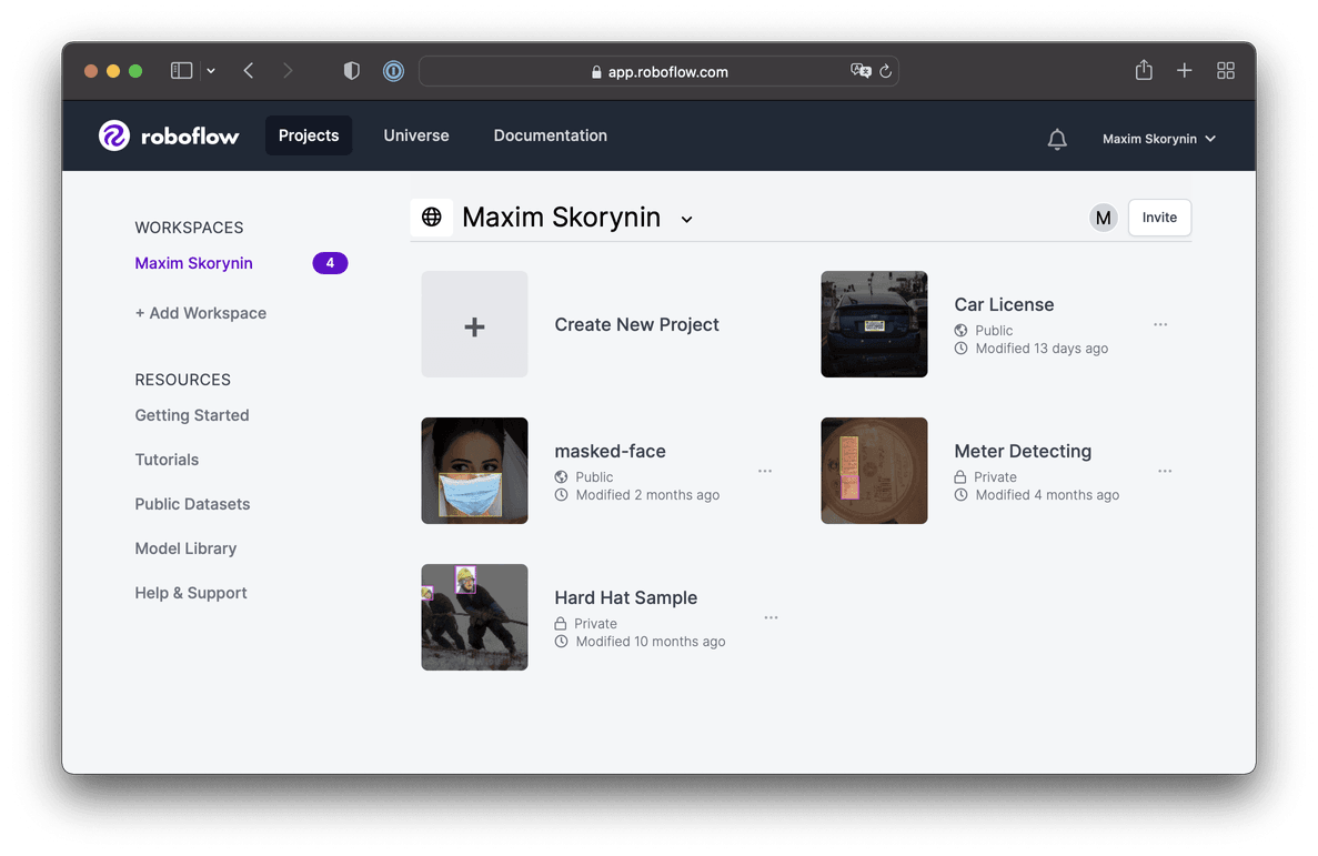 The Roboflow project page, showing off a couple of examples