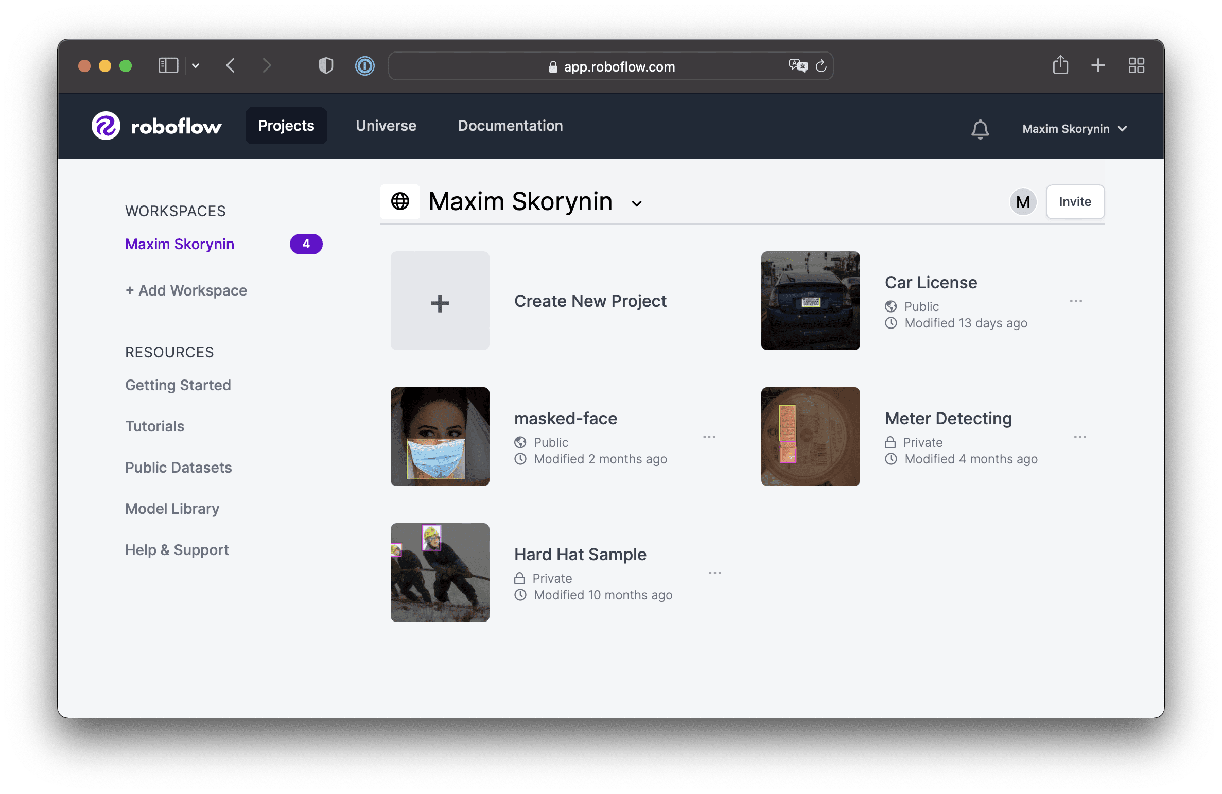 The Roboflow project page, showing off a couple of examples