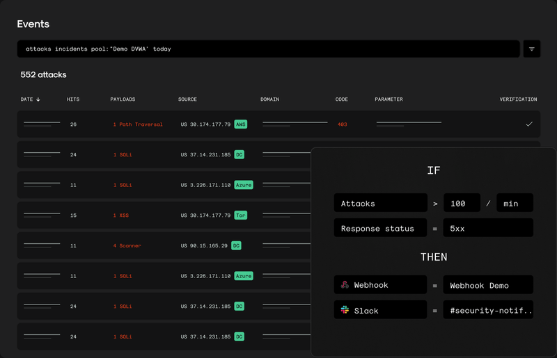 user interface view of events of wallarm's app.