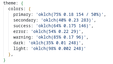 An example of a design token dictionary for colors implemented in code; these should be identical to those in Figma!