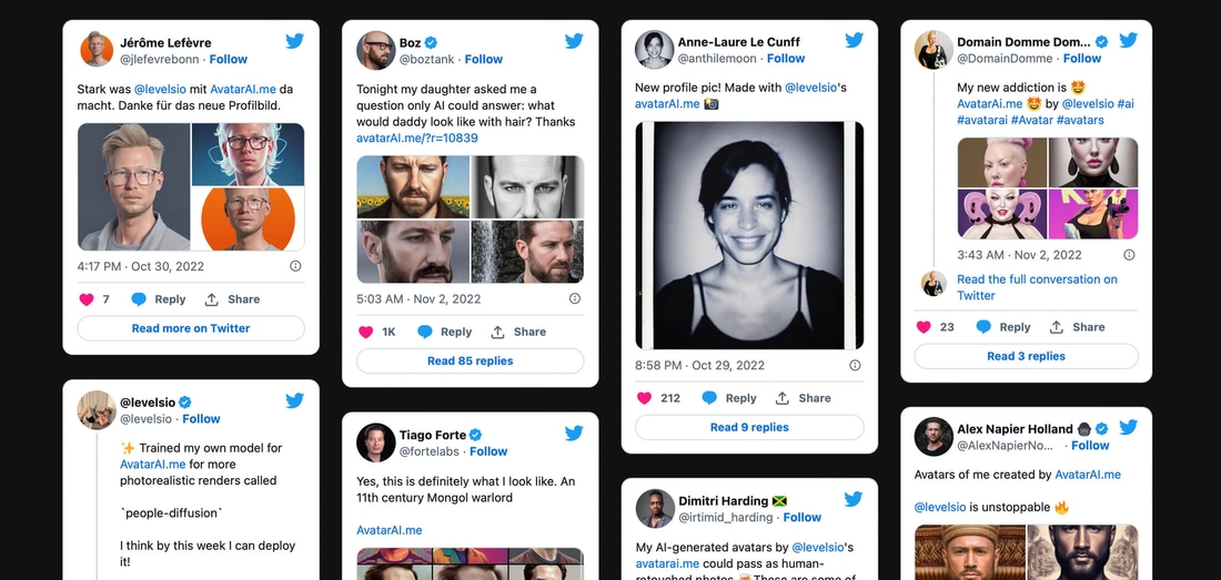 A screenshot from Twitter about how people excited to see their AI avatars generated with Avatarai.me
