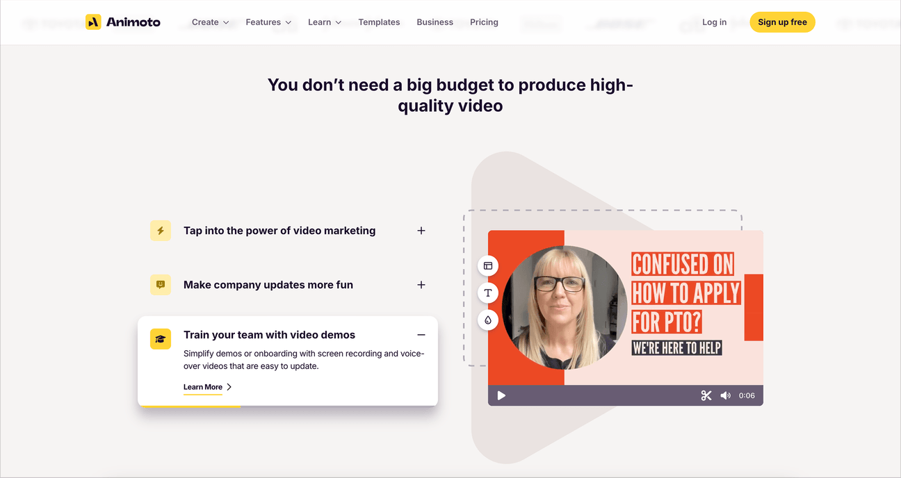 [Animoto](https://www.playbook.com/s/evilmartians/Dcqt35dnYHF97aTr8MugaknQ?assetToken=KdEHBnf153cVhHRdAAZA2nPG): Feature section starts with a teaser “You don’t need a budget…