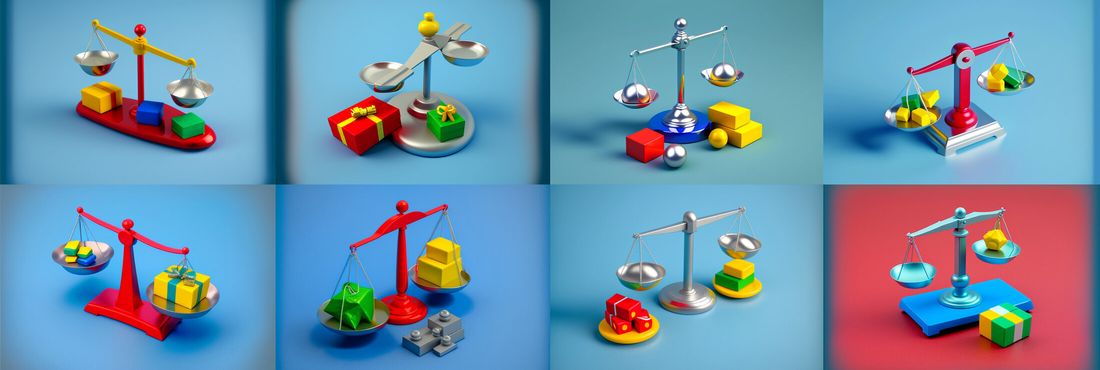 Scales of balance a few goods on one side and many of them on the other