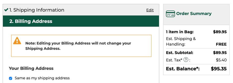 Example of sticky order summary showing itemized breakdown of items, shipping, taxes, and total price