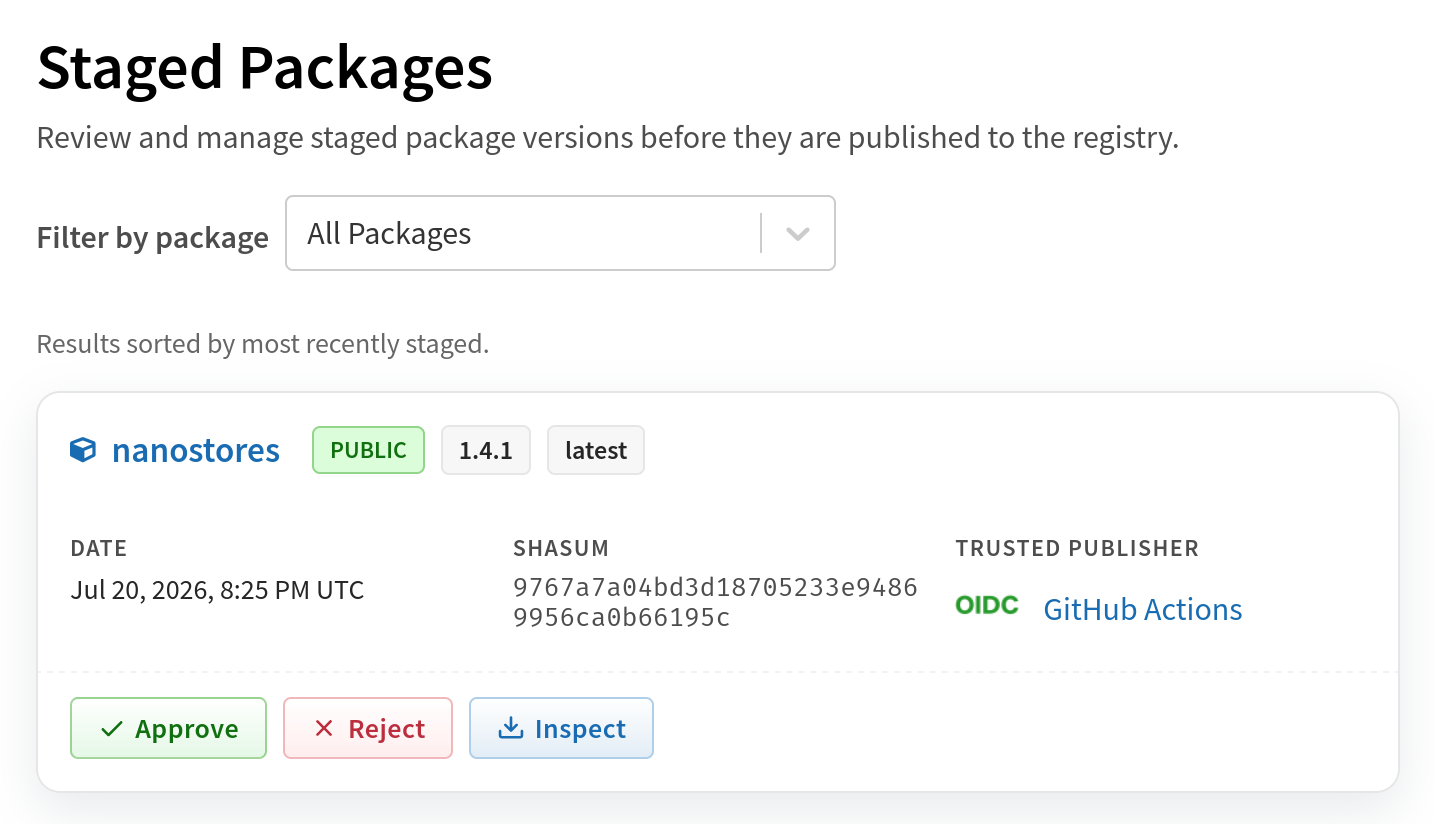 Staged Packages page with card of new Nano Stores release with Approve / Reject / Inspect buttons