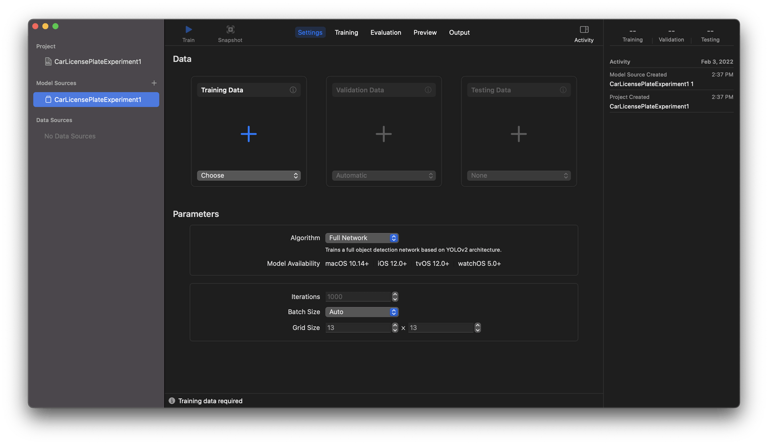 The Create ML menu allows us to add three dataset types and to set some custom parameters before training the model