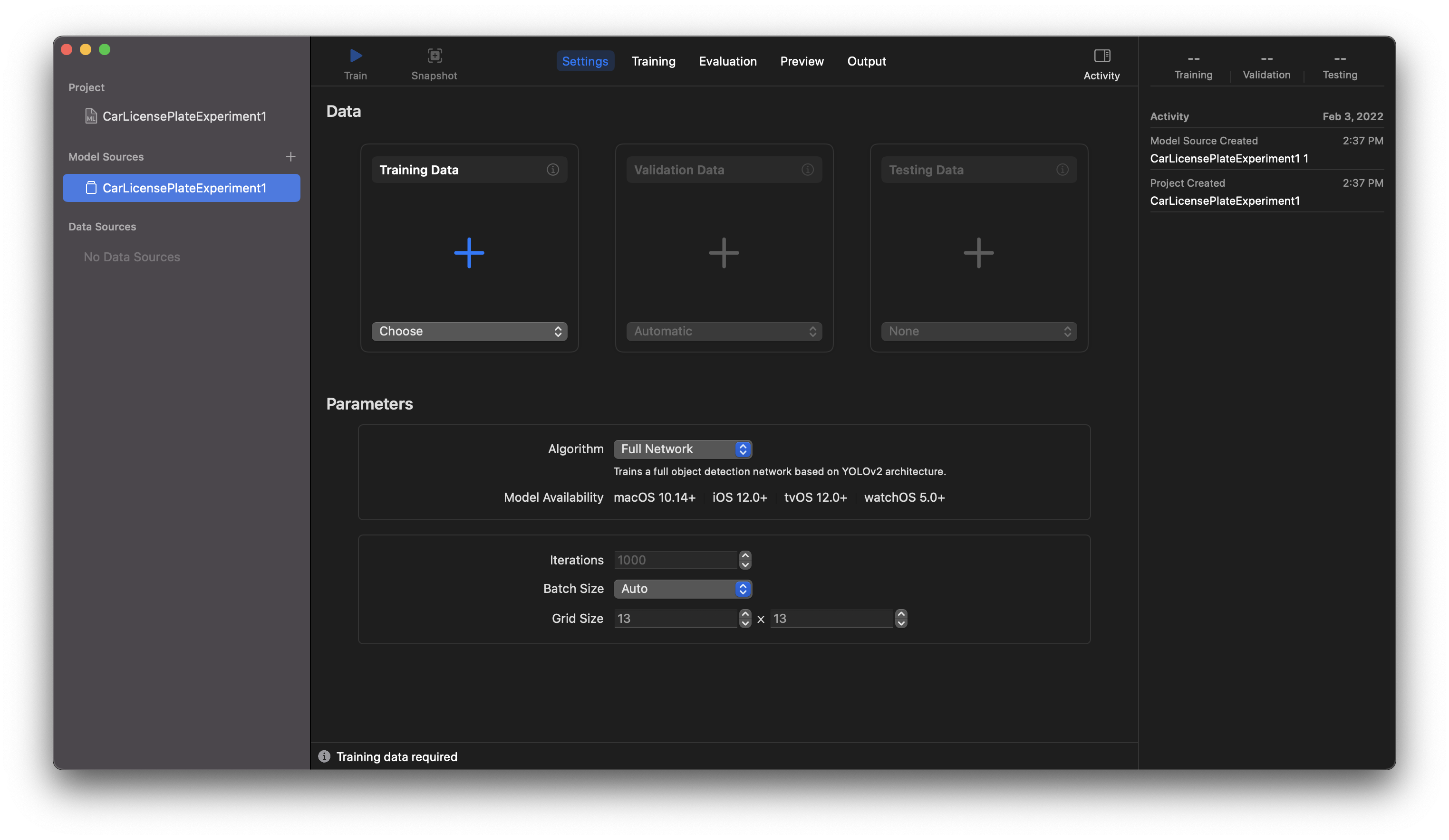 The Create ML menu allows us to add three dataset types and to set some custom parameters before training the model
