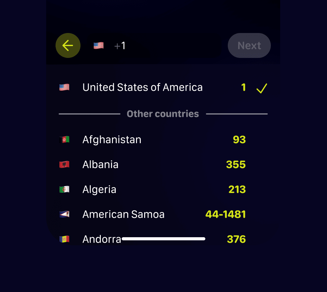 Country selector with phone codes