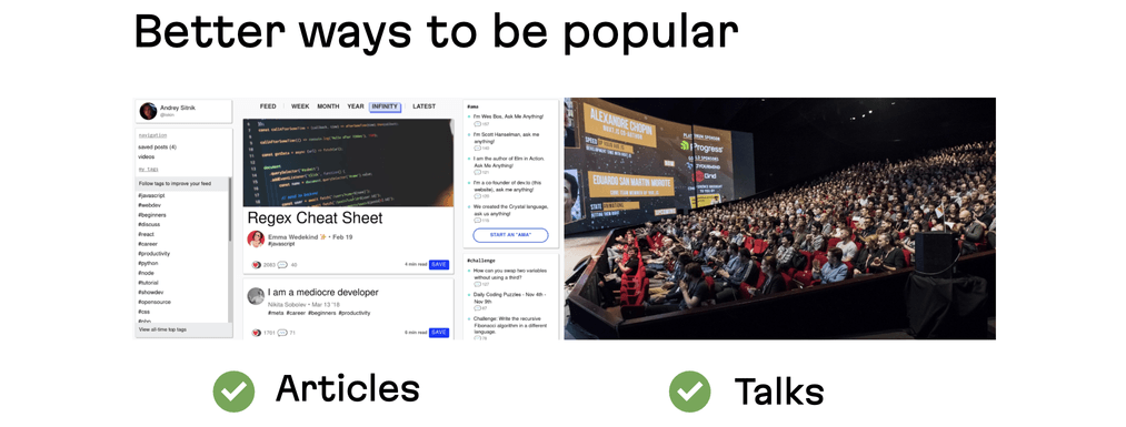 This is a split image with two scenes. On the left, a screenshot showing a published tech article with an attractive UI. On the right, a huge audience watches a conference talk.
