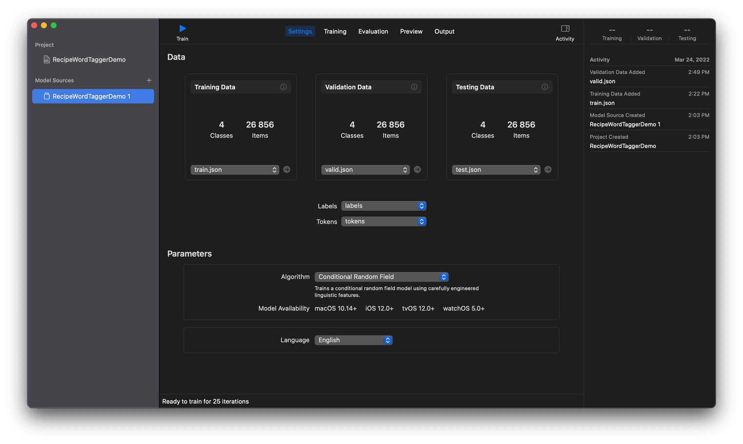 The Create ML interface has been loaded with our JSON, here we choose the training algorithm, with Conditional Random Field currently selected