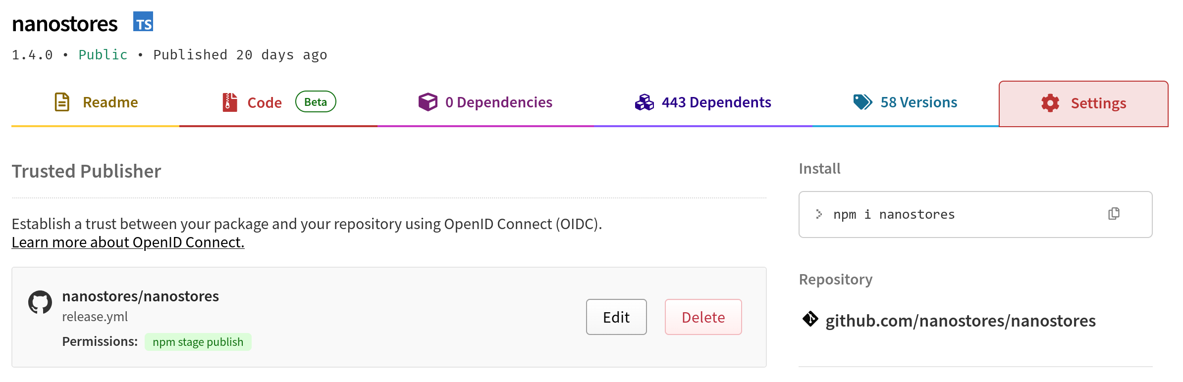 Package's settings on npmjs.com with the block of Trusted Publishing enabled