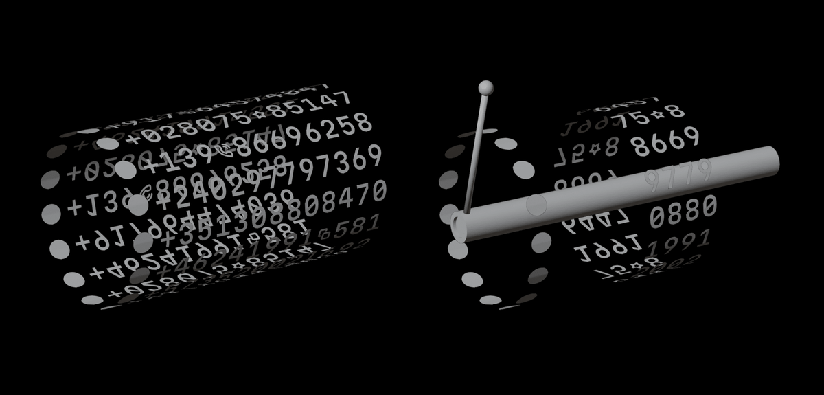 A cylinder-shaped rod in Blender surrounded by a font with curved numbers on all sides