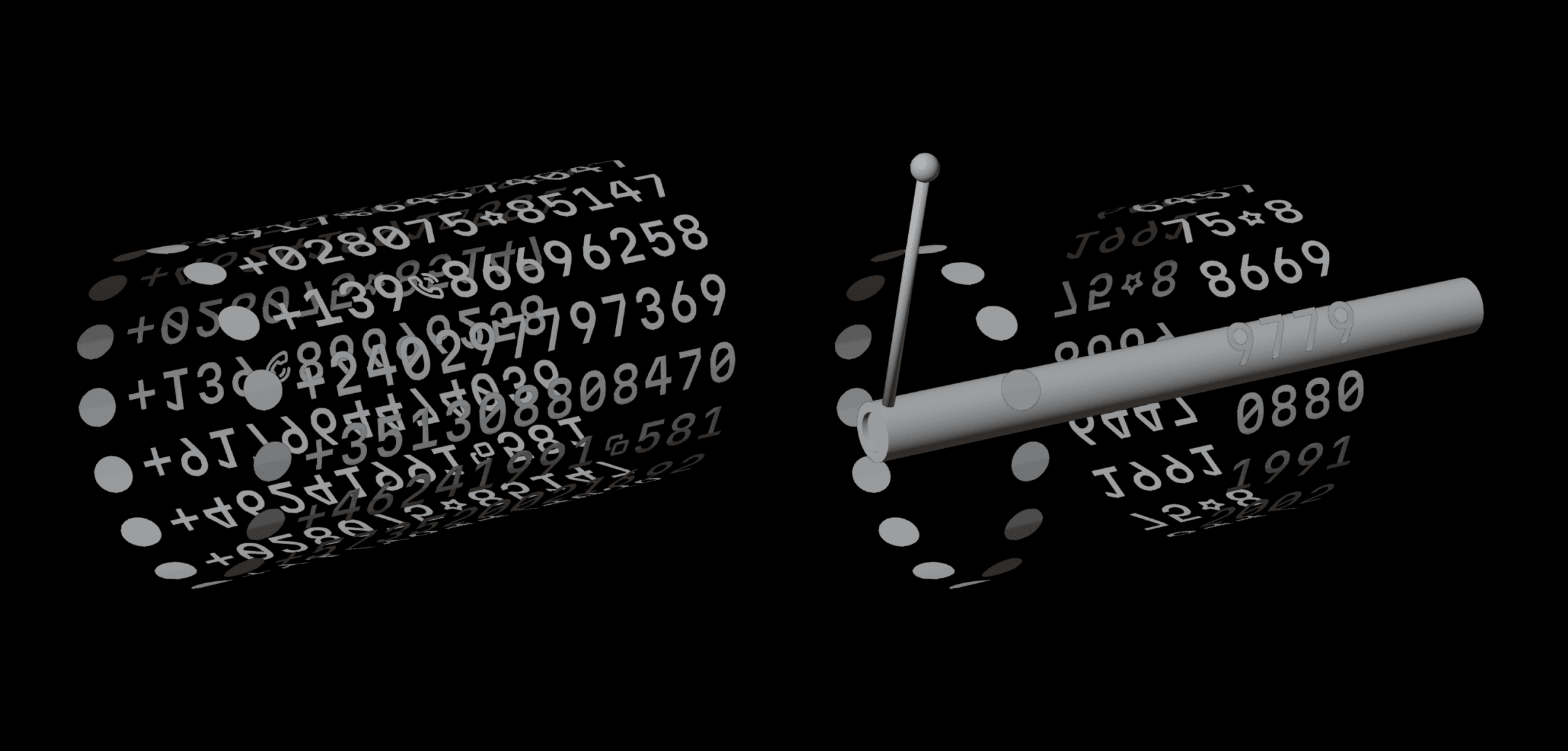 A cylinder-shaped rod in Blender surrounded by a font with curved numbers on all sides