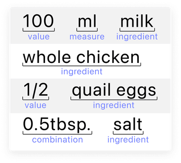 Several recipe items with labels for values, measurement type, and ingredient type