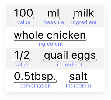Several recipe items with labels for values, measurement type, and ingredient type