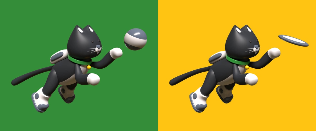 Two illustrations of a cat jumping to get a ball or Frisbee in 3d style on a solid green or yellow background