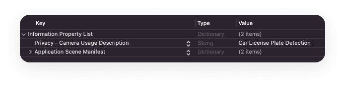 This menu reflects the fact that Privacy - Camera Usage Description has been included in info.plist