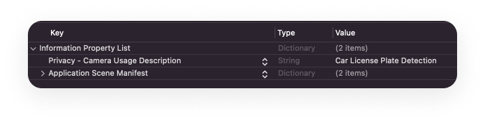 This menu reflects the fact that Privacy - Camera Usage Description has been included in info.plist